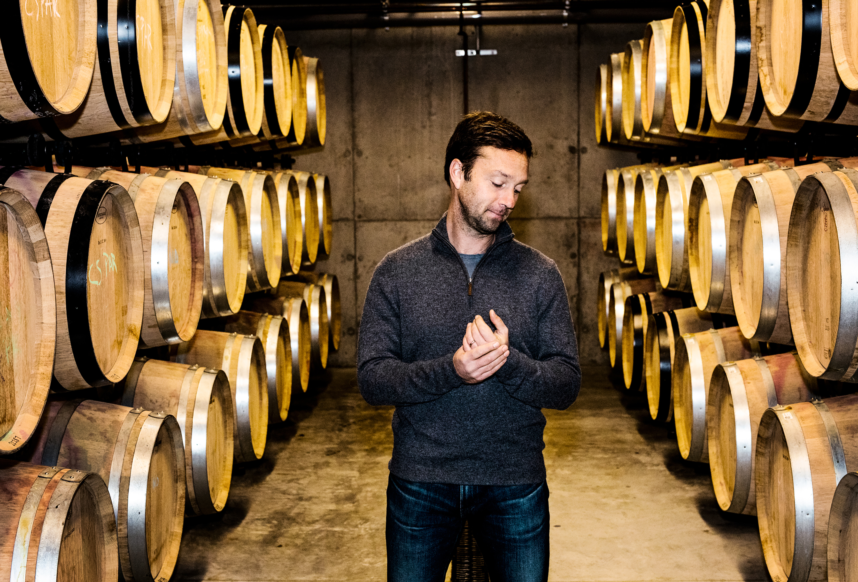 Racked wine barrels